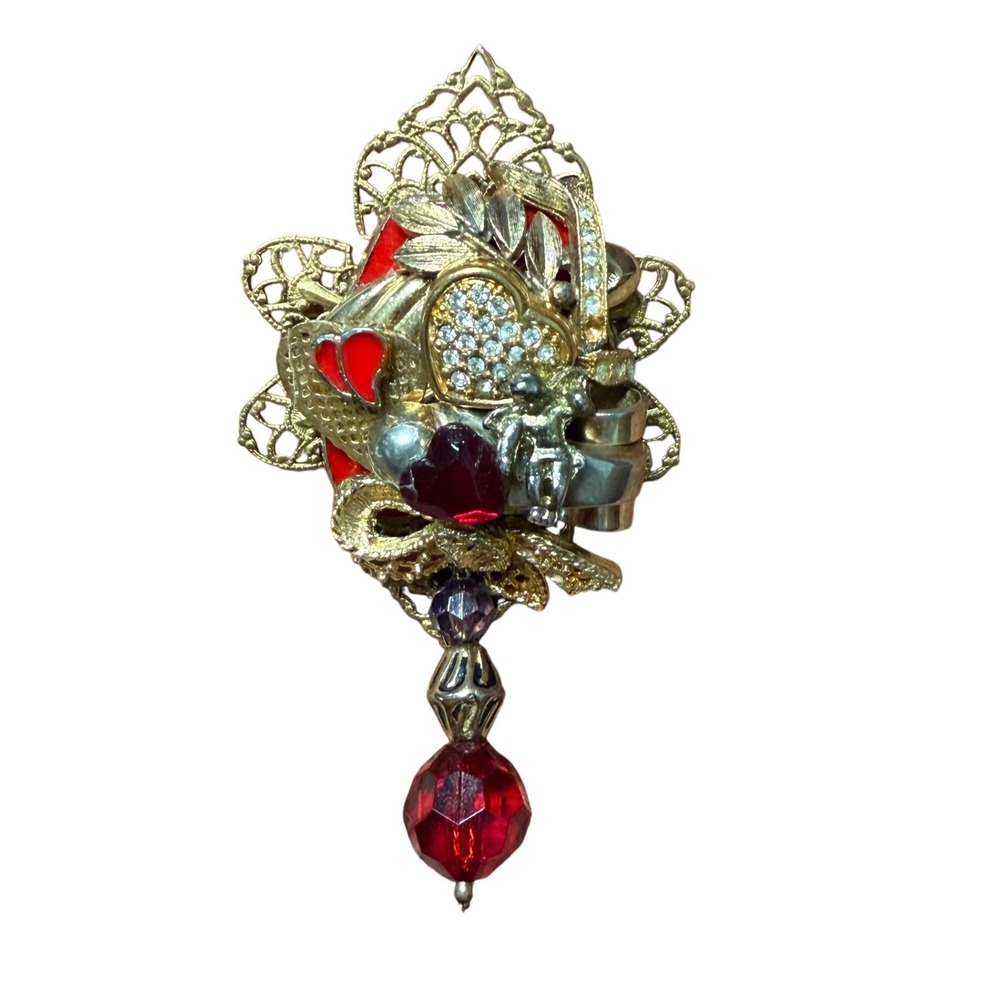 Vintage Handmade Assemblage Brooch Mixed Metal Rhinestone Hearts Cupid Red Beads